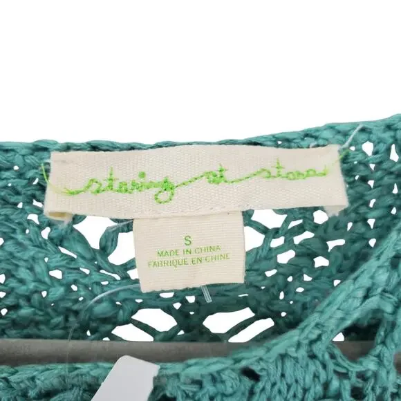 Anthropologie Open Crochet Knit Sweater S Mint Green Western Country Cowgirl NWT - Picture 3 of 8